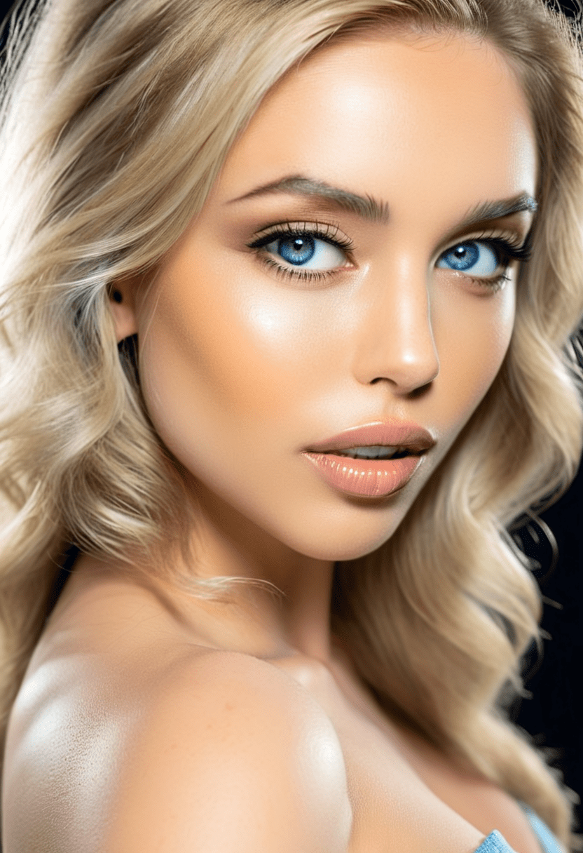 This is a photograph of a gorgeous woman with golden blonde hair, from the side. Head turned toward the camera she stares at the viewer with her light blue eyes. Light colored glossy lipstick adorns her full lips and she has light makeup. The photograph was taken outdoors at night. Casting shadow style, perfect eyes, extremely intricate details, masterpiece, epic, clear shadows and highlights, realistic, intense, enhanced contrast, highly detailed skin, f/2. 8, bokeh