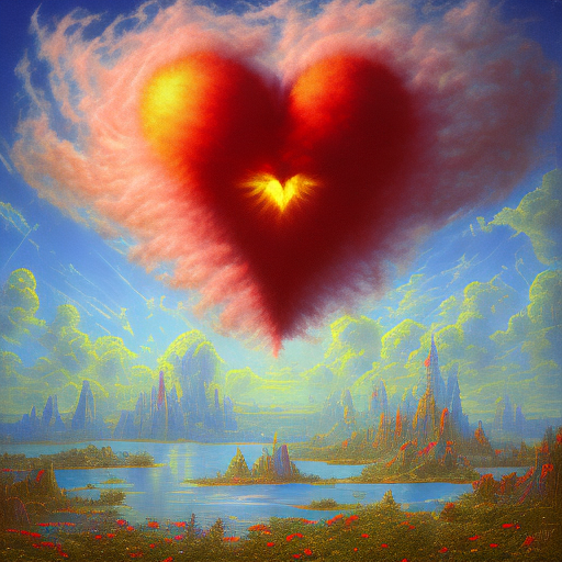 A red heart in the clouds over water, azure sky, beautiful landscape image, hyperbolic expression, unreal engine 5, in the style of bob ross, in the style of max ernst, in the style of brett whiteley.