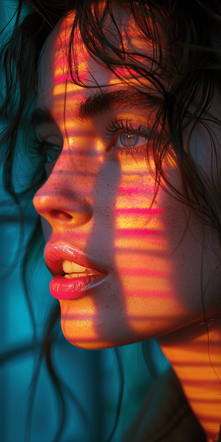 Close-up portrait of a woman with a neon pink shadow on her face against a colorful background, with long exposure photography and surrealistic details in dark green and sky blue, in the style of duffy sheridan --ar 1:2 --stylize 750