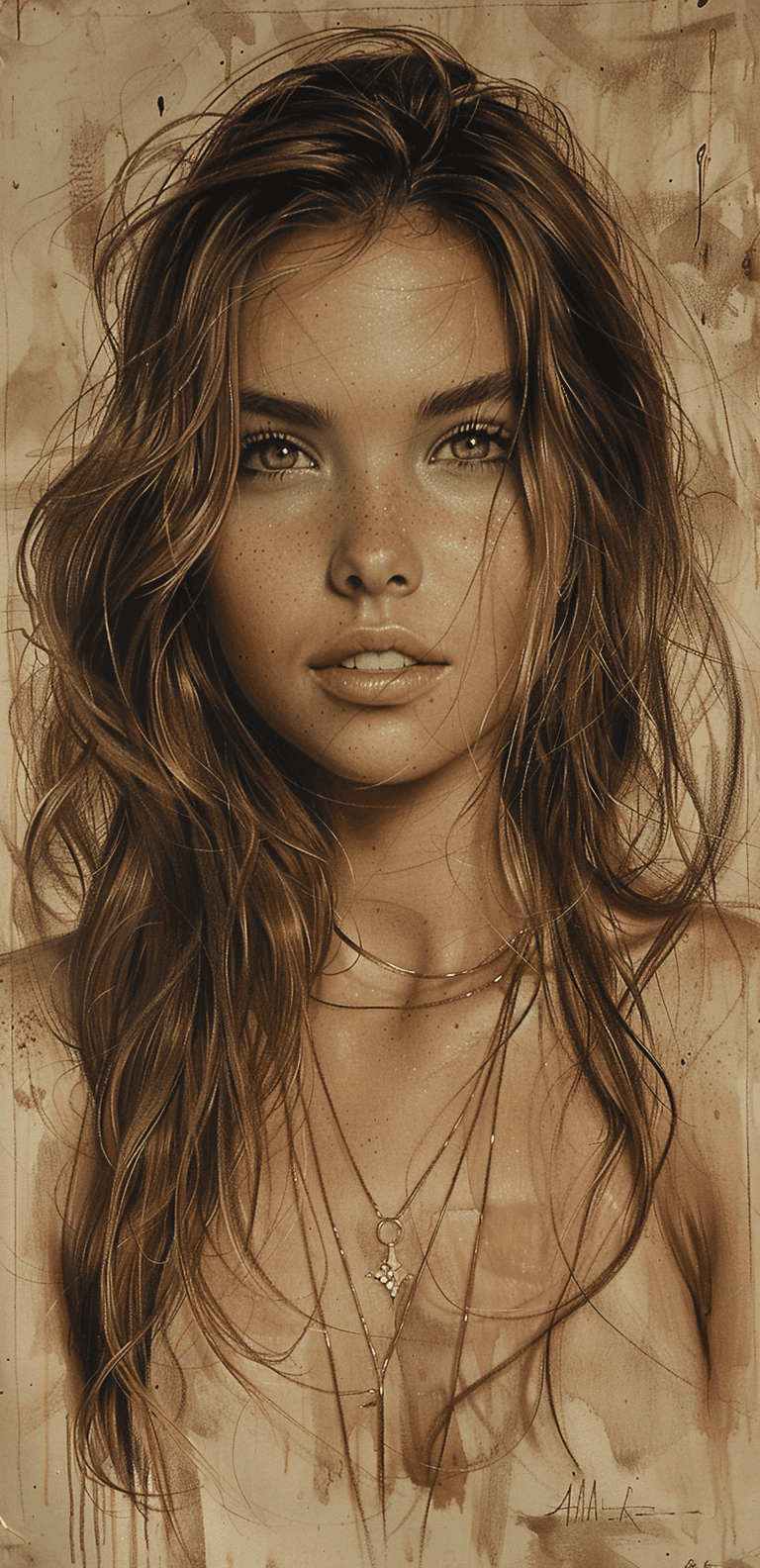 A brown pencil drawing of a girl with long hair, in the style of hyper-realistic sci-fi, realistic hyper-detailed portraits, realistic marine paintings, heavy use of palette knives, raw and edgy, strong contrast between light and dark, mono-ha --ar 31:64 --stylize 750