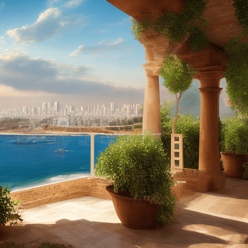 Realistic eye-level outdoor photo of a general view of the city of beirut in the phoenician era, with sea view, natural light, indirect lighting, archeology phoenicians