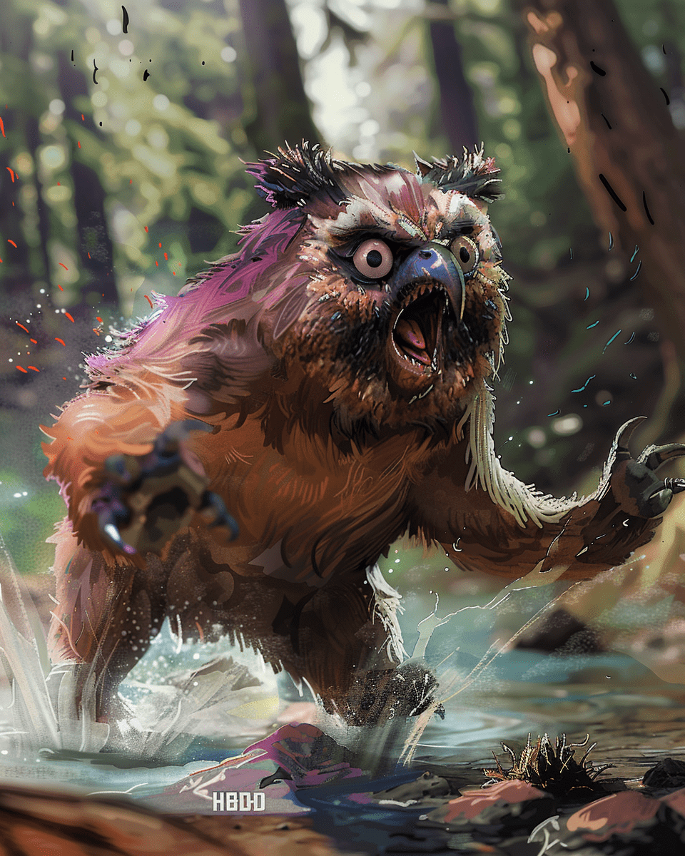Style of shattered motion blur. H6d - 400c multi - shot. Precise description. Precise image quality. 32k uhd. A high-resolution photograph. Unreal engine 5, open eyes, fantasy digital art, hybrind half bear, half owl, in the style of dragon art, forest background, running through stream, energetic expressions, light violet and light red, spiky mounds, 32k uhd, strong facial expression, colorful fantasy realism --no red, flower, dragon, headphones, frame, stamp, watermark, multipul angle, two shot, split view, grid view --ar 4:5 --s 50 --v 6. 0 --style raw - image #1 @runa71