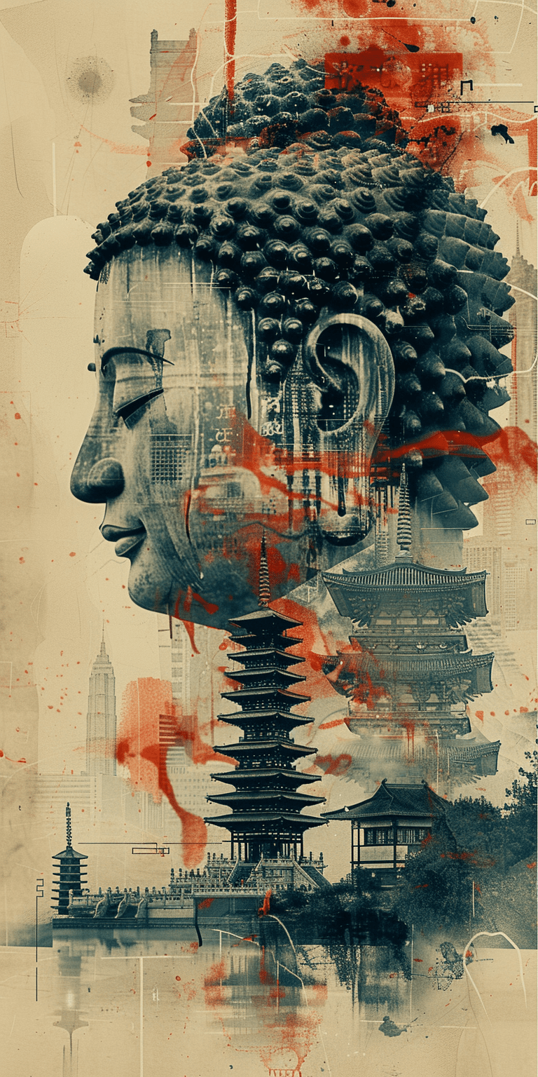 Buddha statue with temple architecture in the background, collage style combining multiple elements and vintage tones in the style of chinese ink painting, abstract lines and shapes, double exposure effect, ink smudge marks on paper, high resolution, super fine details, hyper-realistic --ar 1:2 --stylize 750