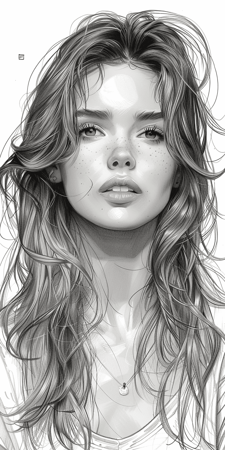 Black-and-white ink drawing of a beautiful young woman in her mid-20s with long hair, sketch focuses on the contrast between light and dark areas to create depth and texture, cross-hatching techniques for shading effects, in front view, high resolution, 30k quality, in the style of realistic black-and-white ink drawings with an emphasis on tonal contrasts created through cross-hatching --ar 1:2 --stylize 750