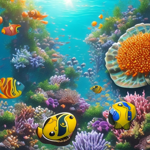 Create a picture of a flower meadow under water with corrals, fishes and a turtle and sun shines through the surface