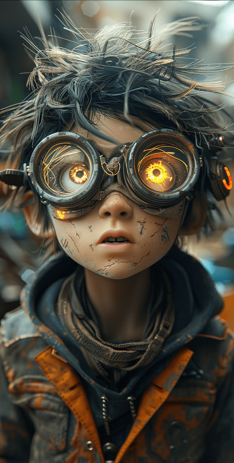 A pixar-style animated portrait of a young, whimsical post-apocalyptic kid wearing goggles with glowing eyes and messy hair in an old apartment filled with junk, his expression reflects innocence mixed with curiosity about what lies beyond the wasteland --ar 65:128 --stylize 750