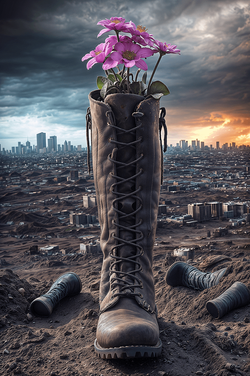 Close-up shot of an army boot standing on dead and dusty soil, post-apocalyptic city in ashes, doomsday, sky covered with dark stormy clouds, (one beautiful and very colorful flower growing from boot) , representing a new beginning, extremely detailed, ultra-realistic