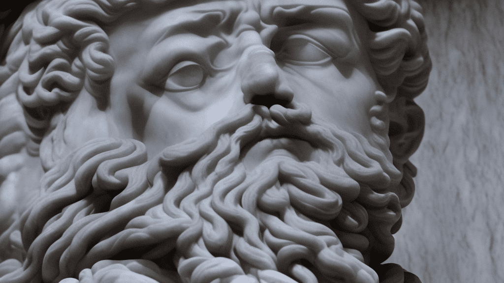 In dark hues, a half-length marble sculpture of marcus aurelius, his face calm and introspective, stands against a backdrop of a stormy sea. The scene conveys a sense of inner turmoil and the calm that comes from understanding human nature. His eyes are closed, symbolizing deep contemplation and the beginnings of forgiveness. Hyper realistic