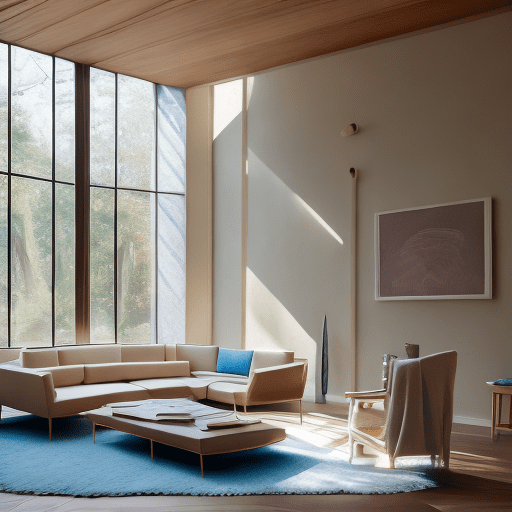 High resolution photography interior luxury jan des bouvries design, dreamy sunken living room conversation pit, wooden floor, small windows opening onto the garden, bauhaus furniture and decoration, high ceiling, beige blue salmon pastel palette, interior design magazine, cozy atmosphere; 8k, intricate detail, photorealistic, realistic light, wide angle, kinkfolk photography, a+d architecture