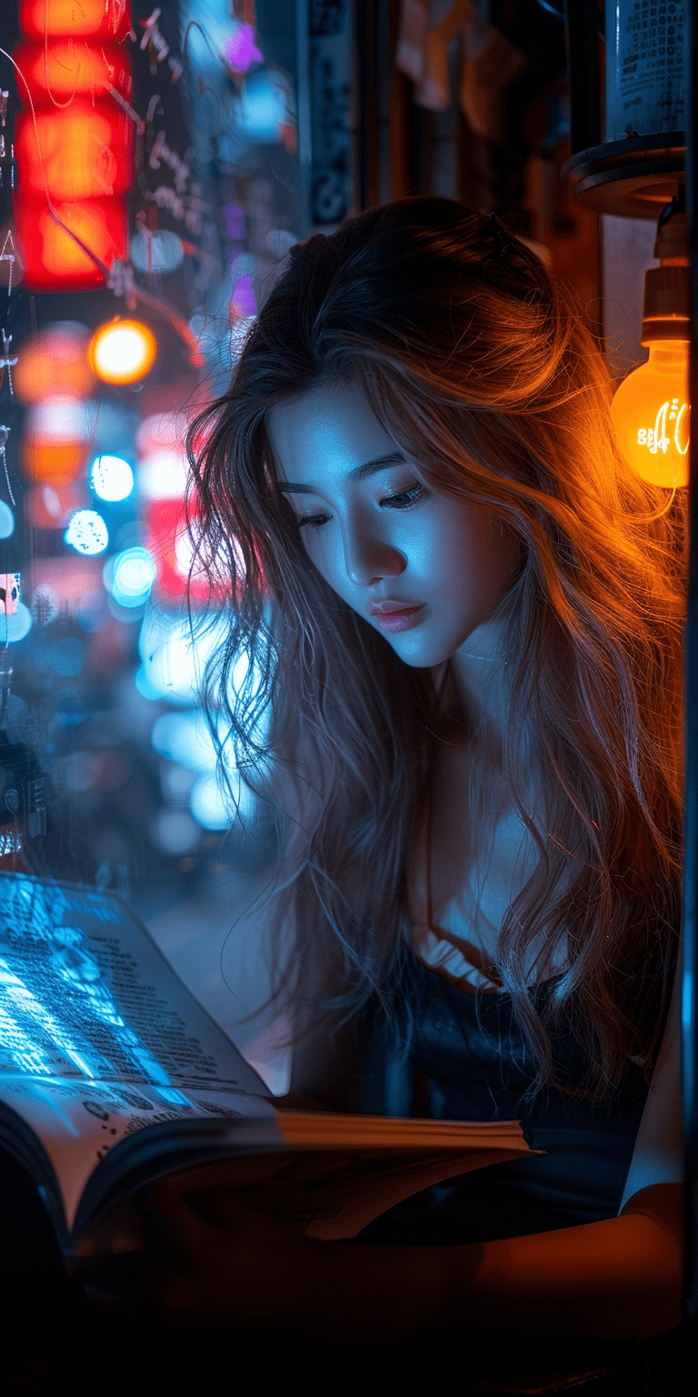 Street photo of a beautiful girl sitting at a table in a coffee shop by the window reading a book, photorealistic, magazine cover photo quality, night city lights outside in the style of cyberpunk, long shot, high resolution, taken on a sony a7 iii, neon glow, reflections --ar 1:2 --stylize 750