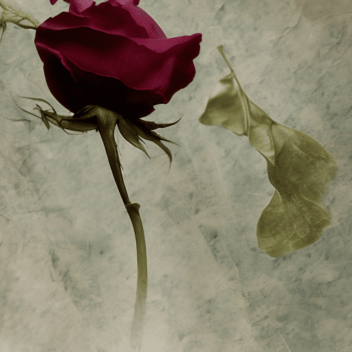 A single, almost-dead flower, a wilted rose, drooping under its own weight, with petals turned inward, crumpled, and faded. Covered by a heavy rose-tinted, transparent layer that catches the light, giving it an ephemeral beauty. The background is a soft, blurred field of greens and golds, suggesting a distant, out-of-focus garden. The color palette includes soft pinks, purples, translucent reds, hints of brown and gray for the petals, with the transparent layer in rose and blush tones. Gentle, sweeping brushstrokes for the transparent layer and textured, uneven strokes for the flower. The background uses soft, blended strokes. The painting evokes bittersweet beauty, nostalgia, and a touch of melancholy, highlighting the illusory beauty of the rose