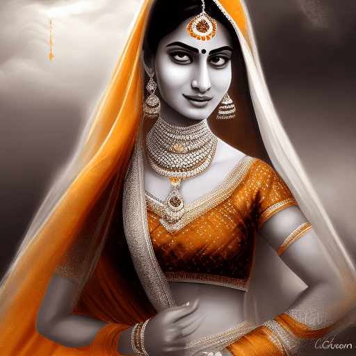 India's most beautiful lady, in the style of digital art wonders, dark white and light amber, historical fiction, realism, princesscore, high resolution, emphasizes emotion over realism --s 750 --niji 5