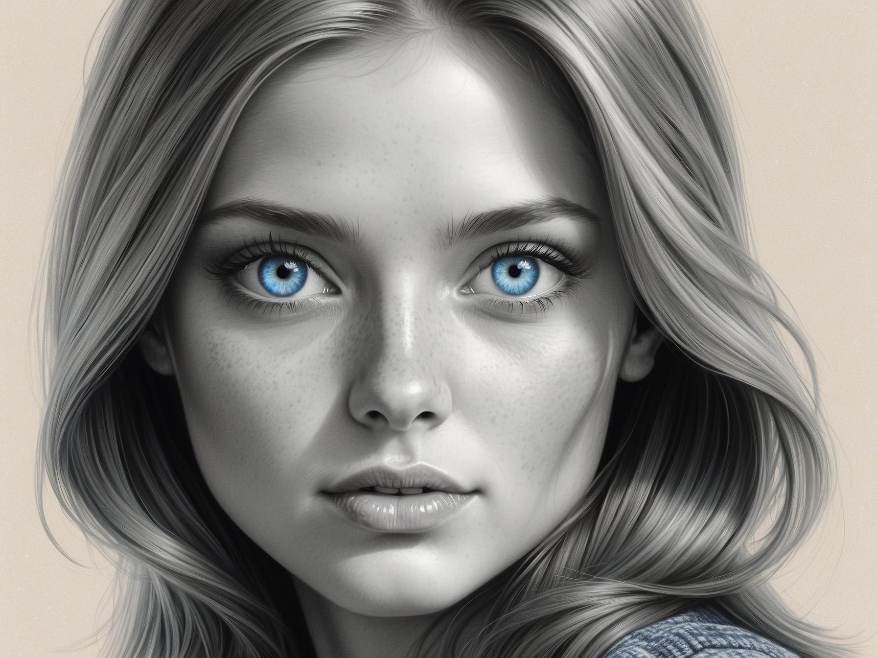 A drawing of a woman with blue eyes, a photorealistic painting by magali villeneuve, behance contest winner, photorealism, detailed painting, digital painting, hyper realism