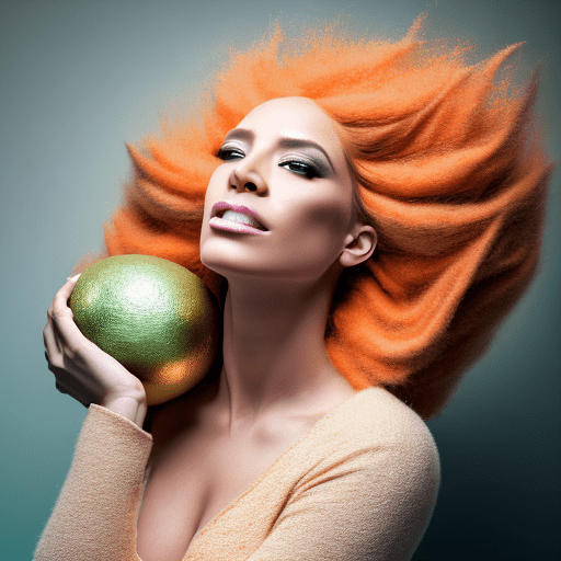 Mujer cantante de pelo ondulado, pelo color pelirrojo/naranja, con ojos verdes, vestida de traje como un cantante de jazz y sosteniendo un premio de musica dorado mientras sonrrie, high ceiling, beige blue salmon pastel palette, interior design magazine, cozy atmosphere; 8k, intricate detail, photorealistic, realistic light, wide angle, kinkfolk photography, a+d architecture
