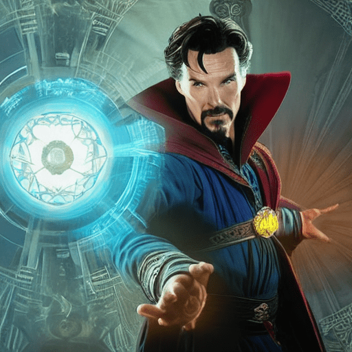 Doctor strange realizando un hechizo complejo con sus manos, masterpiece, octane render, 8k, raytracing