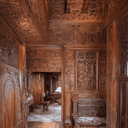 A captivating and intricate scene of an elvish noble's home, with exquisite wooden carvings lining the walls and adorning the furniture. The carvings depict scenes of nature and elvish mythology, each with remarkable detail and craftsmanship. Soft, ethereal lighting bathes the room, accentuating the beauty of the woodwork and casting delicate shadows that gracefully move across the space. The rich textures and organic shapes of the furniture and decor create an atmosphere of timeless elegance and sophistication, fitting for the residence of elven royalty.