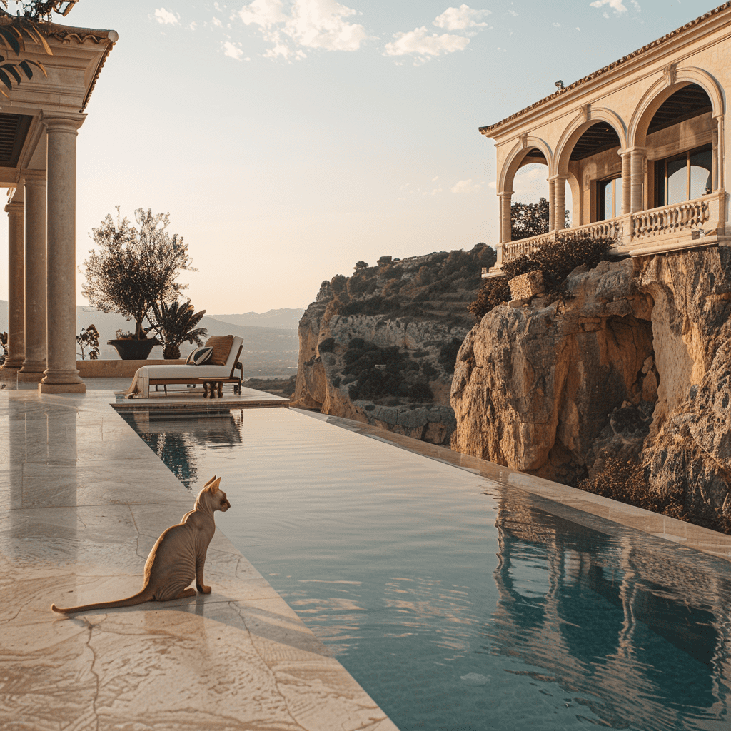 Ens, shot professional canon eos r5, balanced natural, photorealistic, ultra-realistic photo, 8k, uhd, a wide shot of an orange cat sitting on the edge of a pool, overlooking a modern mansion with large terraces and a panoramic view of a mountainous area in mallorca. The photography has an editorial, cinematic style in the tradition of hasselblad.