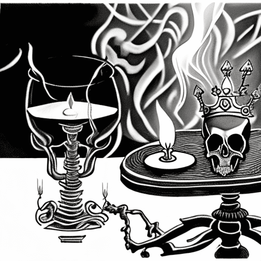 A minimalist black and white tattoo scene with an ornate table. On the table: a skull with a laurel crown, an elegant chandelier casting shadows, an open bottle of wine, and a half-full glass. Next to the table, a relaxed skeleton holding a lit cigarette with a light smoke trail. The skeleton is folded on itself showing tiredness, melancholy, fatigue,. The painting evokes feelings of nostalgia, delicate beauty, and a touch of melancholy. It invites the viewer to appreciate the transient beauty of the moment and it captures themes of life, death, and fleeting pleasures