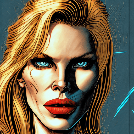 Woman looks like young kim basinger dressed up as a comic book character, in the style of realistic and hyper-detailed renderings, dark palette, mechanical realism, subtle use of shading, comic art, scoutcore, brilliant colours, the golden light of the setting sun --ar 24:37 --stylize 750 --v 6