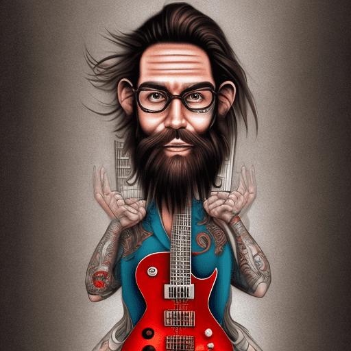 Perfect digital painting of a caricature of a man entire body with long hair, short beard and tattoos playing a red les paul guitar in lisboa