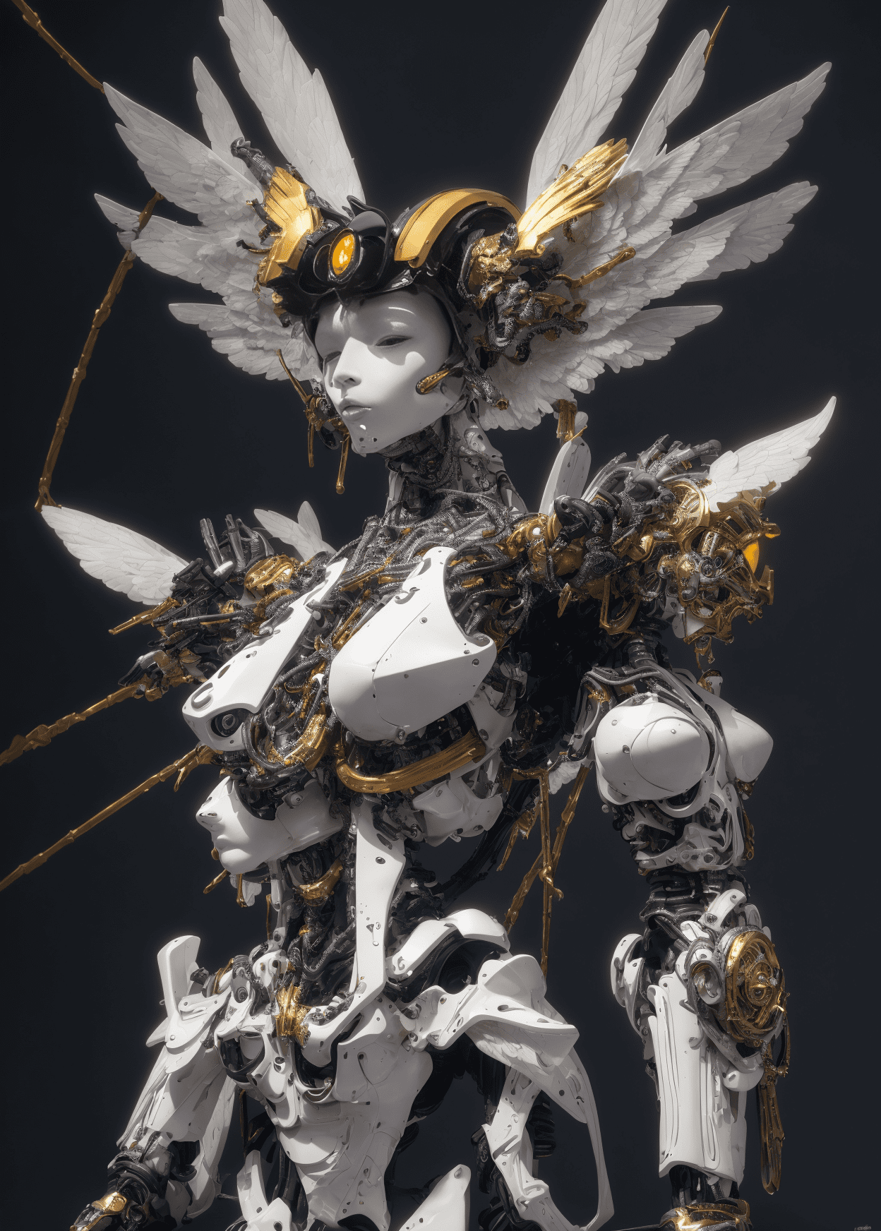 4k (full body photo:1. 2) of an angel queen, dark futuristic art style, shiny and smooth surface and textures, military inspired, wires and cables protruding from body, vertebra support, carbon fiber texture, honey comb pattern, white, black, and silver colors, complimenting colors, savage looking mechanical headdress, religious art, religious connotations, baroque art, classical art