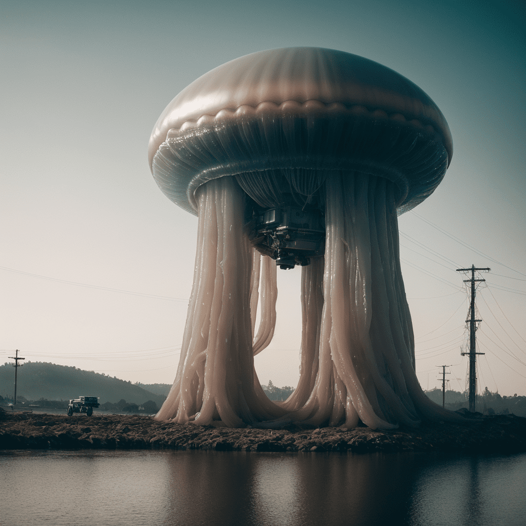 (ilford delta,muted colors soothed tones) , a high quality photograph of biocyberpunk by simon stålenhag a giant floating jellyfish hardsurface robotic creature made of hi-technology, 8k, masterpiece, dslr, insane detail