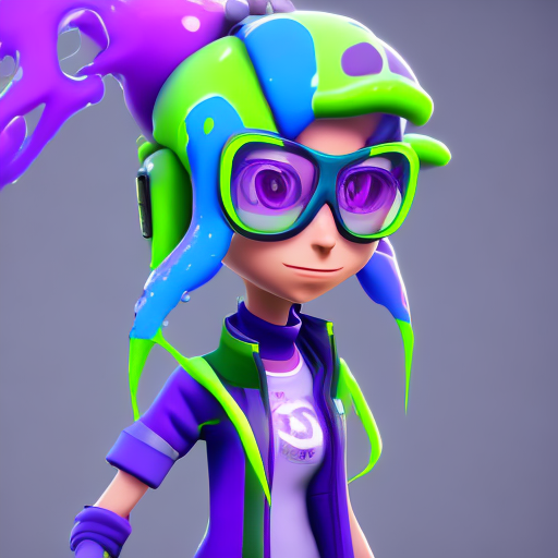 Splatoon 3 character, 3d model, adult lady, street style, unreal engine 5, green slime melt, blue and purple and yellow, more detailed, hq