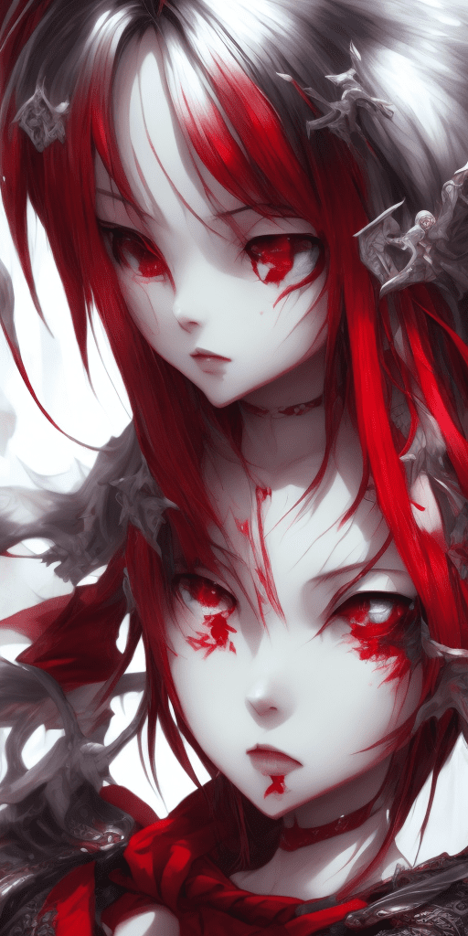 Painting, fantasy, japan, anime, in the style of realistic hyper-detailed rendering, dark white and red, 32k uhd, expressive eyes, detailed character illustrations, hyper-realistic details, dynamic outdoor shots --ar 24:37 --stylize 750 --niji 6