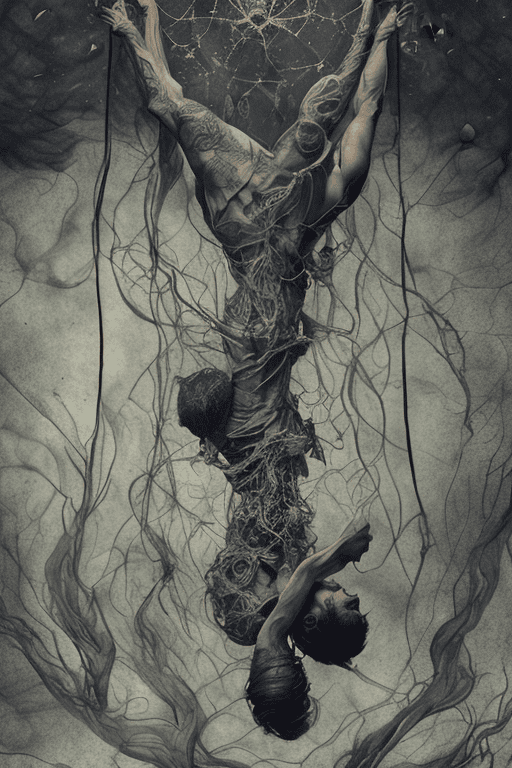 Olpntng style, a tarot card, le pendu, a man hanged up side down, intricated hair, intricated skin, veins skin, complex skin, intrincated tattoo, intricated fabric, theatrical magic smoke, fog, stars, fireflyes, kent williams style dave mckean style, octane render, unreal engine, hyperrealism, perfect composition, beautiful detailed intricate insanely detailed octane render trending on artstation, 8 k artistic photography,