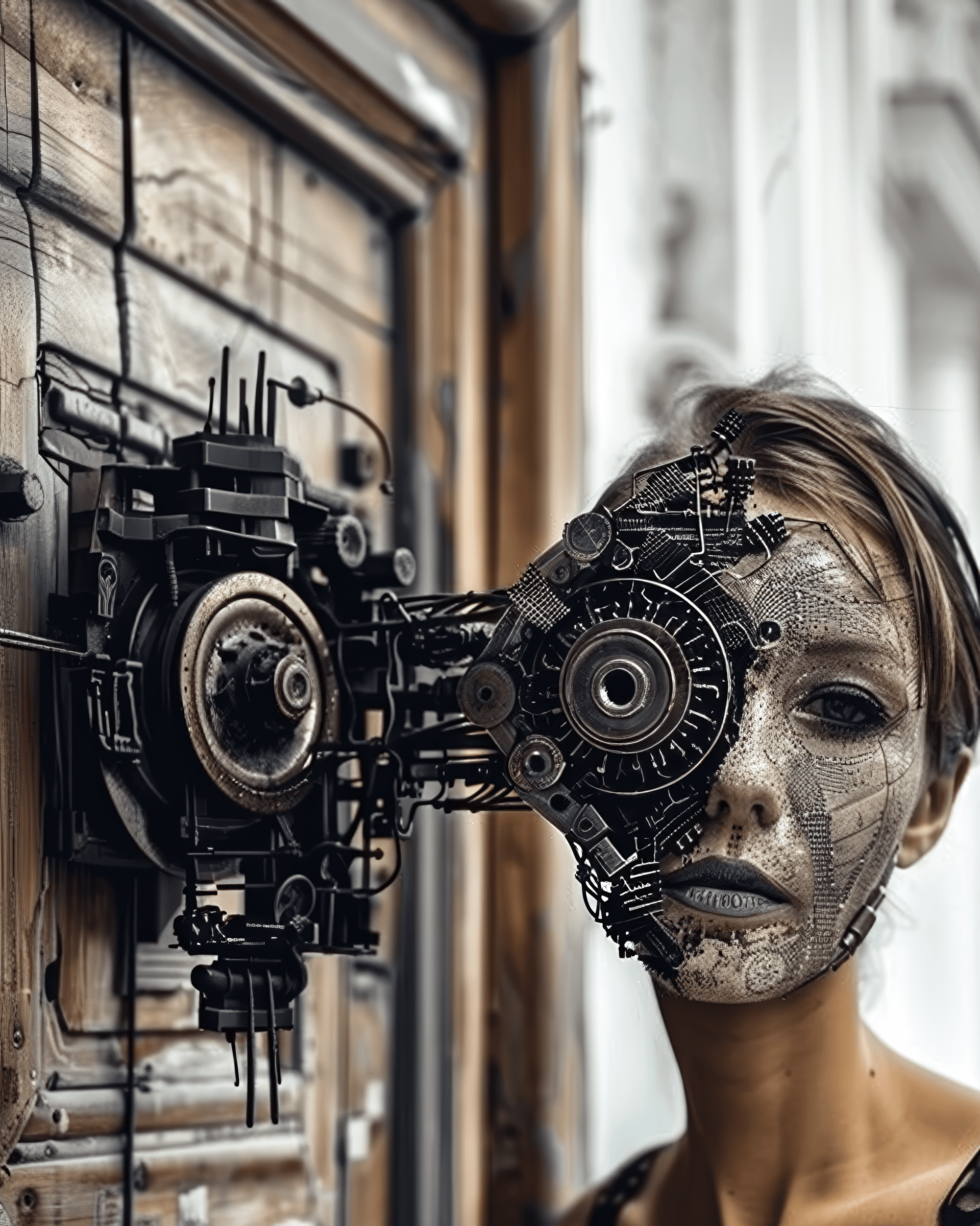 A woman with half of her face covered in black plastic, and the other side is made up in the style of mechanical parts. The hair on one shoulder has been replaced by an eye mask that covers it completely. She wears dark and stands against a white background. --ar 51:64 --s 1000 --c 100 --w 1000