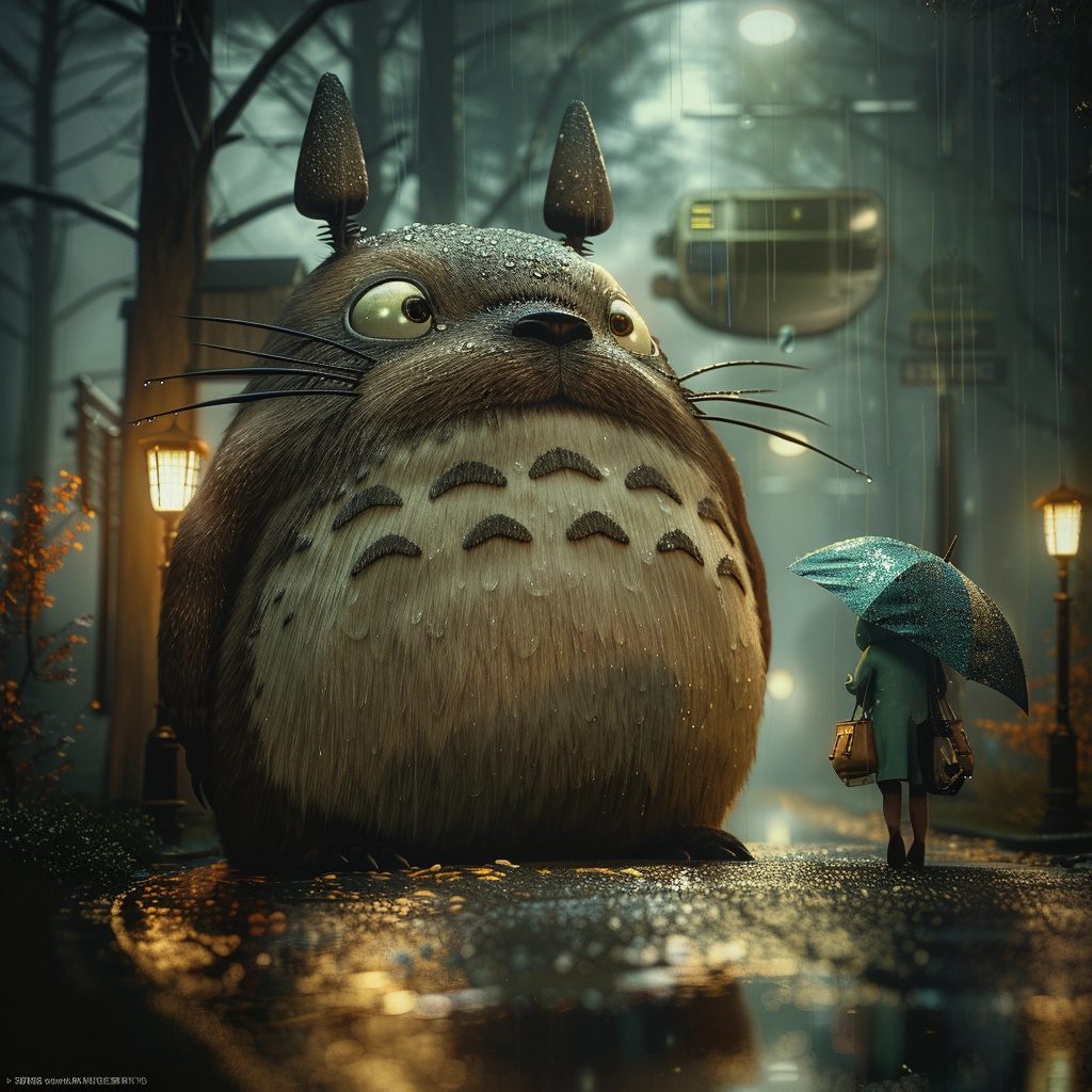 Totoro patiently waiting for the catbus on a dark gloomy rainy night, studio ghibli style, renderman rendering, high definition, edge processing --personalize nwnd4j3 --stylize 600
