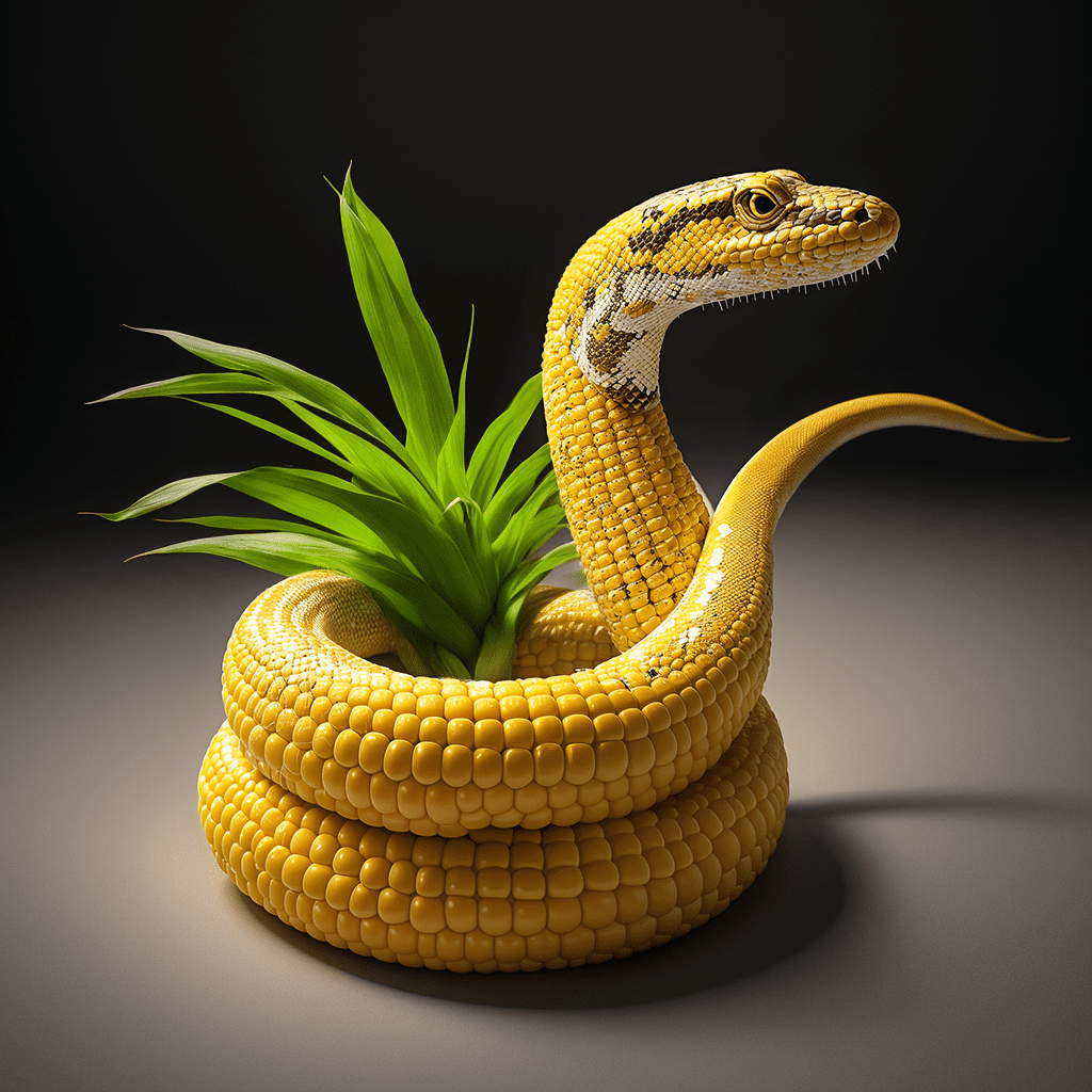 Concept art of an unusual hybrid of corn and python and corn, a snake made of single corn , neo-dada, spectacular, spectacle, psychedelic, forced perspective, feminist art, empowering, masterpiece, private collection, curated collection, behance, 3d render, cracked clay, gothic, dark colors, oversaturated, depth