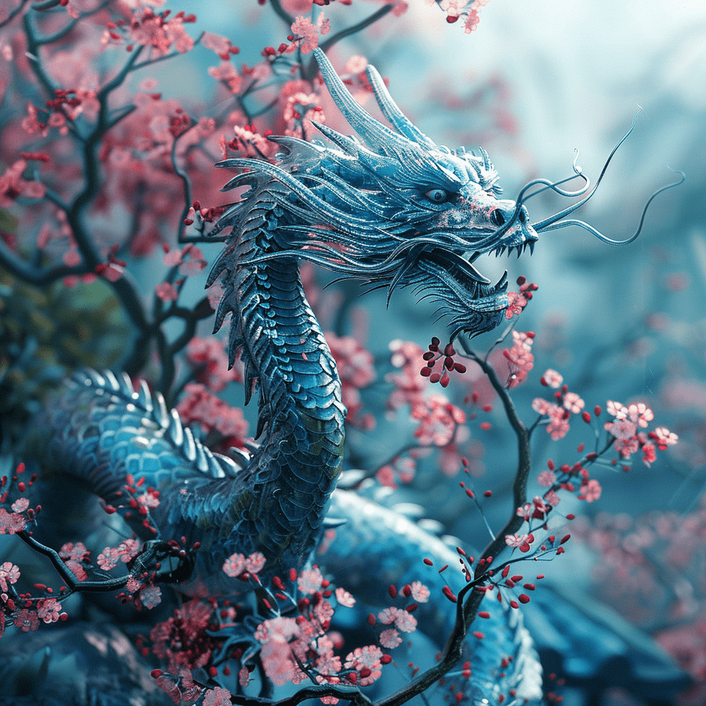 An image of a blue dragon that is in a japanese garden. Cherries are blooming in the garden. Super detailed picture in 4k. In the style of surrealism --v 6. 0
