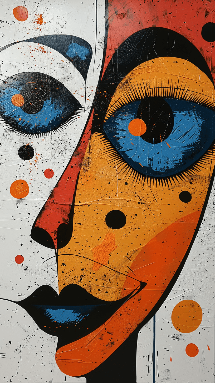 A painting in the style of joan miro depicting an anthropomorphic cartoon figure with blue eyes, orange skin, black hair, white background --ar 9:16 --stylize 750
