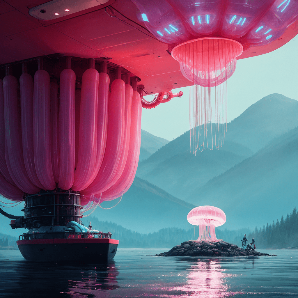 Biocyberpunk by simon stålenhag a giant floating jellyfish hardsurface robotic creature made of hi-technology