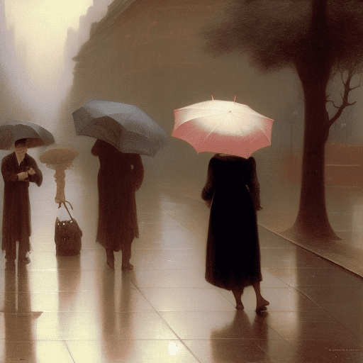Man approaching a woman, woman facing her back on the man, romantic setting, rain setting, city, night, painting by william-adolphe bouguereau