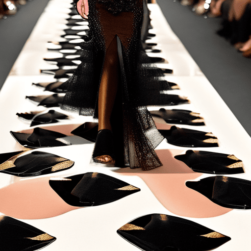 A stunning minimalist couture dress by elie saab, featuring a transparent bodice adorned with delicate appliques and 3d velvet. The skirtis crafted from salmon-colored transparent tulle and features a high slit, allowing for a tantalizing glimpse of the wearer's legs. Six small black orchids accentuate the design, adding a touch of elegance. The model wears black evening sandals, elongating her legs. Captured in high resolution with a canon 50 d, this image showcases the dress walking down a fashion runway, embodying the essence of high fashion and glamour