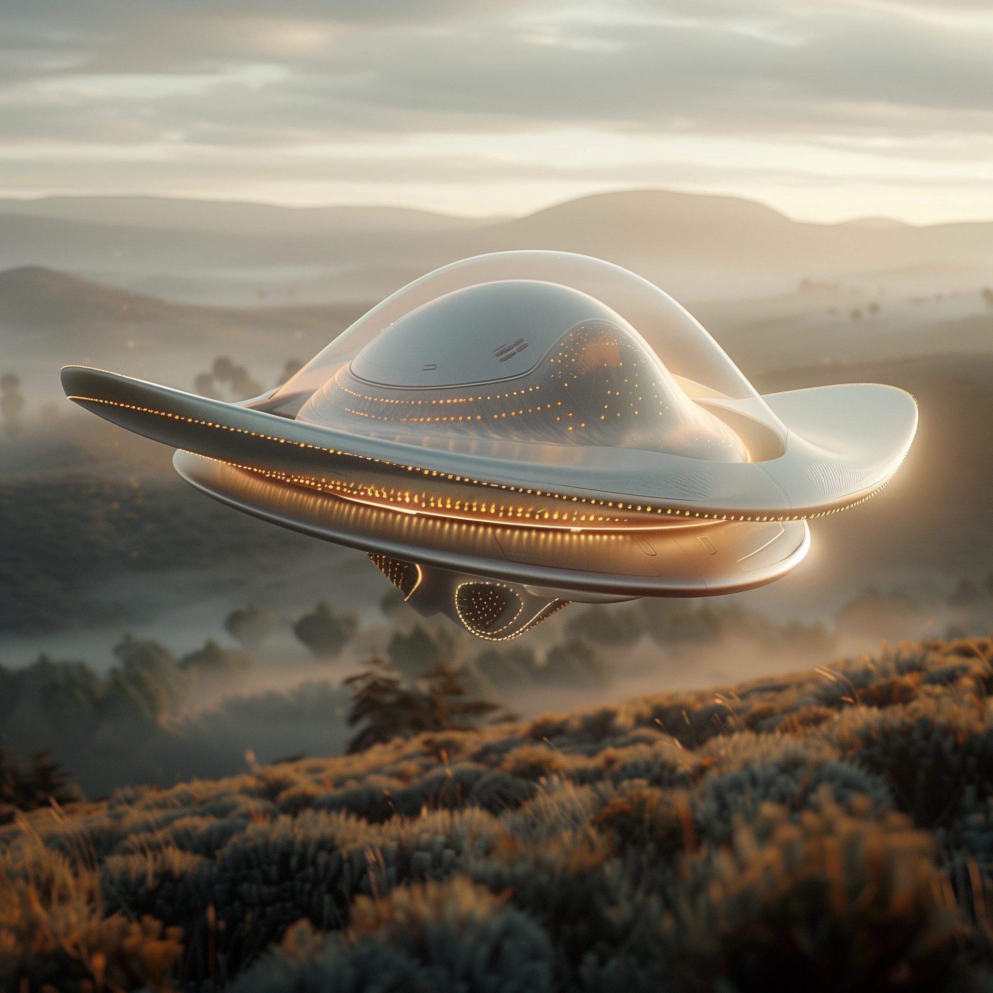 A ufo flying saucer flies over the hills of california, photo realistic, high resolution, high detail, cinematic --personalize nwnd4j3 --stylize 600