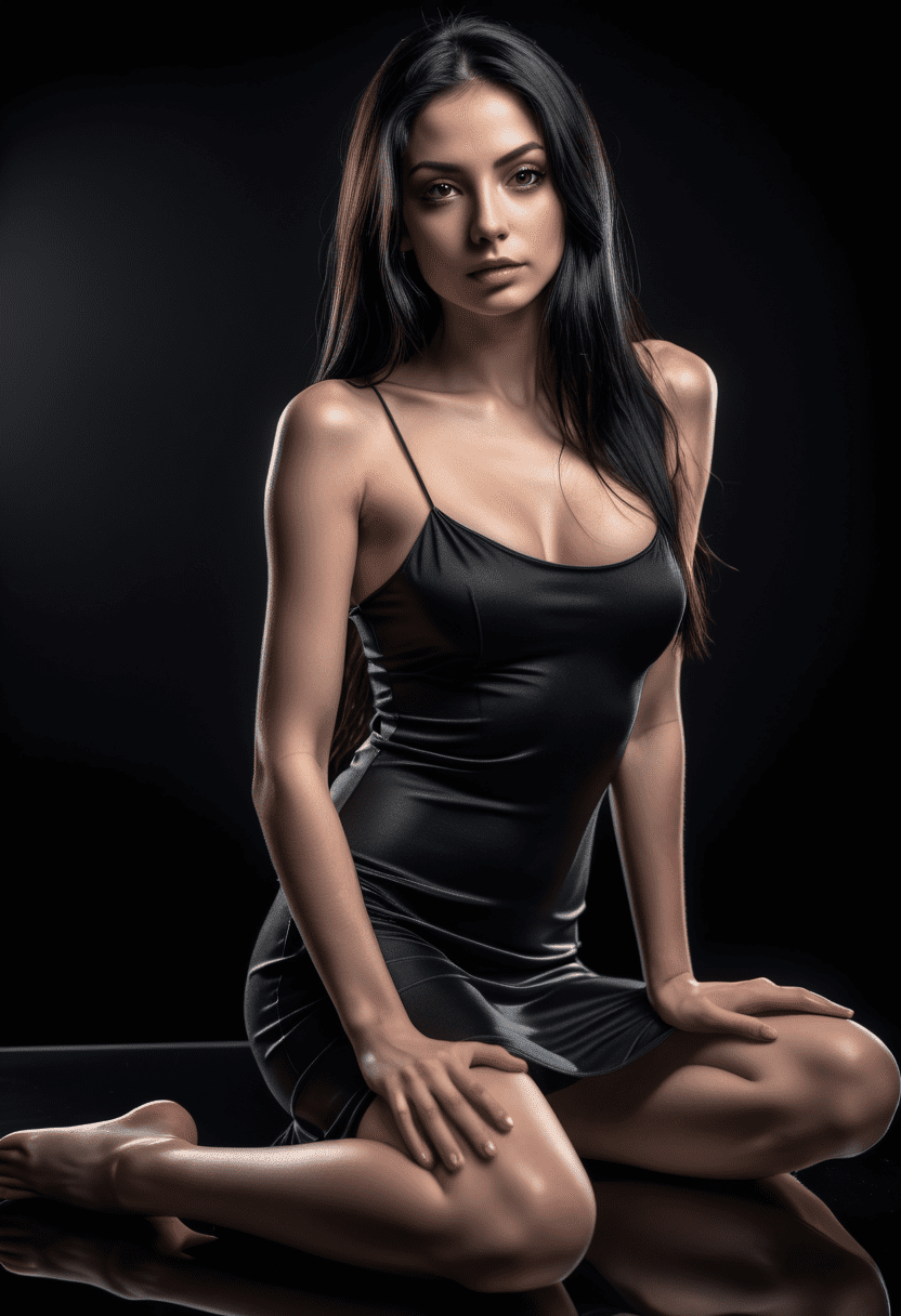 (3/4 shot:1. 2) professional photograph of a beautiful woman, long black hair, small perky breasts, sensual, dark-colored eyes, sitting on a highly reflective surface, leaning on her arms, legs bent, wearing a thin black spaghetti strap revealing dress, light shining down on her from above, chiaroscuro lighting, emotions, uhd, hdr, raw photo, highly detailed skin, black background