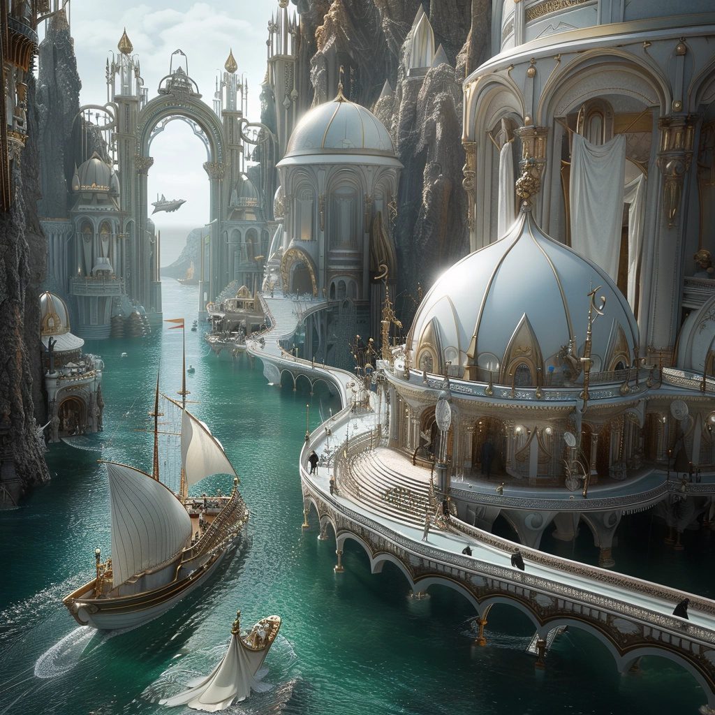 Magnificent view of the atlantean main city bustling with activity --personalize nwnd4j3 --stylize 600