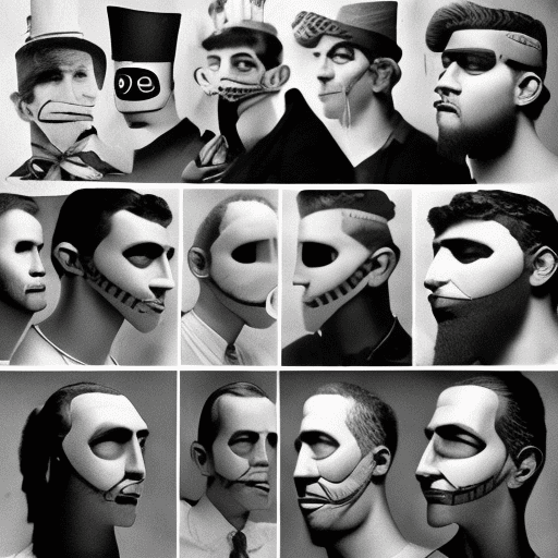 Un grupo de masones de perfil con mandiles del rito escoces antiguo y aceptado con calidad fotográfica, futurista, neopunk