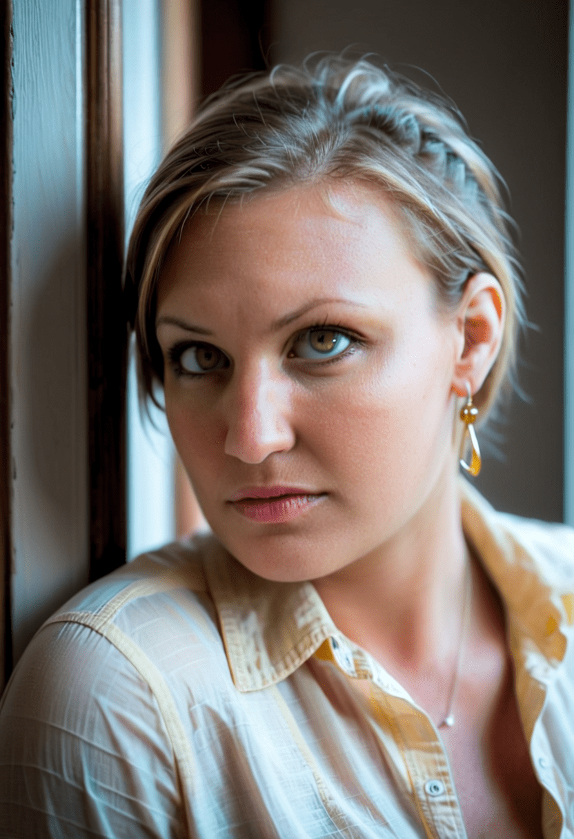 This is a photograph of a woman staring into the viewer's eyes. She has light colored eyes and full lips. Her dark-blonde hair is messily pulled back behind her head. Her head is slightly turned to the side. The (yellow blouse:1. 1) she is wearing is unbuttoned at the top. Dangling earrings hang from her ears. The scene is set in her home as she leans up against a door frame. Warm light shines in from an unseen window. Soft natural light, casting shadow style, perfect eyes, extremely intricate details, masterpiece, epic, clear shadows and highlights, realistic, intense, enhanced contrast, highly detailed skin
