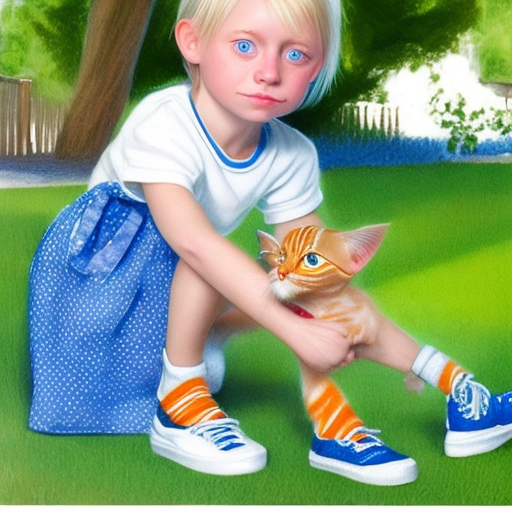 Sally, 6 year old, short blond hair, brilliant blue eyes, white tee-shirt, blue jean skirt, white socks, blue sneakers, holding a small green with white dots drawstring bag, and moe, orange-striped tabby kitten, green eyes, four white legs, blue collar around neck, outside in backyard on a sunny day
