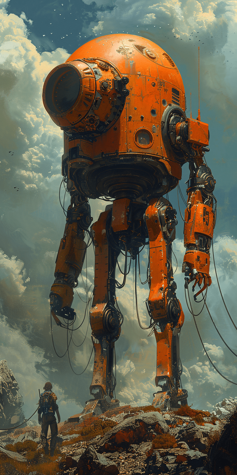 A giant mech with a large round head, concept art in the style of peter mohrbacher and craig mullins --ar 1:2 --stylize 750