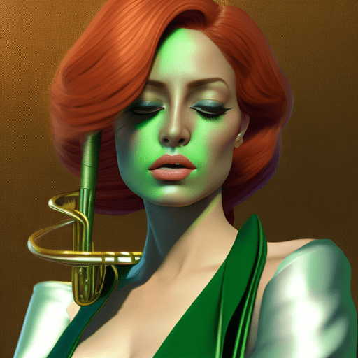 Mujer cantante de pelo ondulado pelirroja/anarajando con ojos verdes, vestida de traje como un cantante de jazz y sosteniendo un premio de musica dorado mientras sonrrie, artstation, t symmetrical artwork. Cinematic, hyper realism, high detail, octane render, 8k