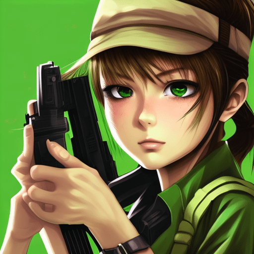 A girl holding a gun in her hand, in the style of anime art, light brown and green, strong facial expression, ps1 graphics, history painting, junglepunk, close up --ar 69:128 --stylize 750 --v 6