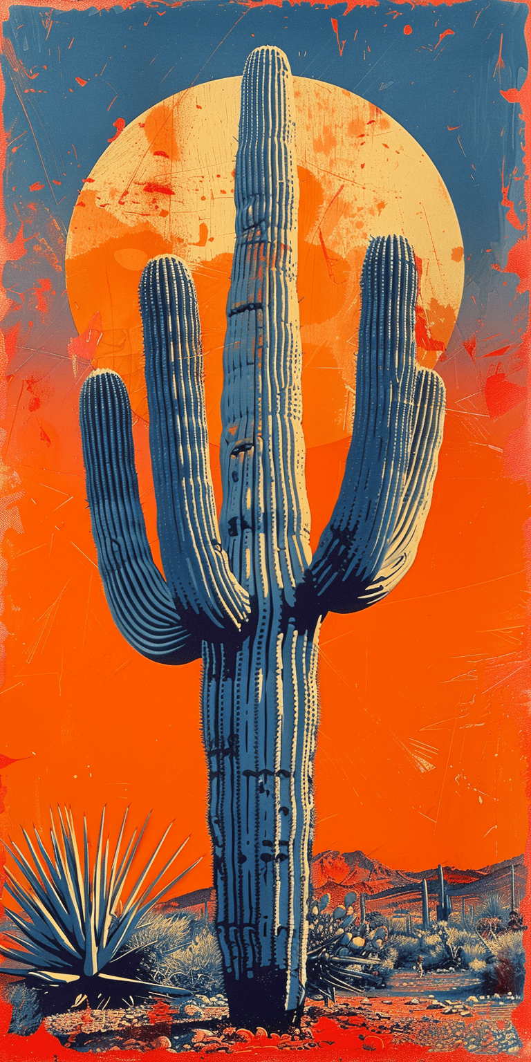 Risograph print of a cactus, simple linocut style, with a colorful background and an orange and blue color palette, featuring simple shapes and a woodcut texture, with a 2d flat design, bold lines, and high contrast --ar 1:2 --stylize 750