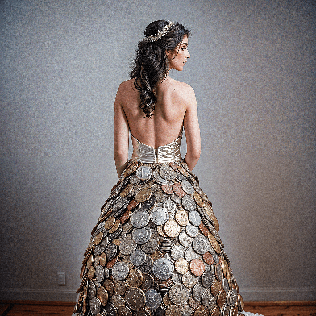 Back side angle photo of a bride wearing a dress made of coins quarters