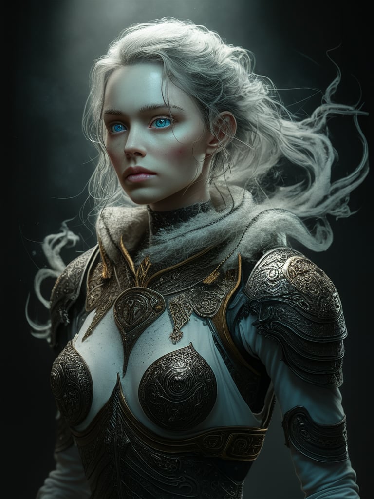 Humanoid android, covered in white porcelain skin, blue eyes, white wispy ghost wearing ornate armour 4k realistic fantasy, insane details, ghost phantom effect, hyper detailed, photoreal, photography, cinematic lighting, hdr, hd, cinematography, realism, fine art digital, hd, mark molnar mystical, redshift rendering, 8k,