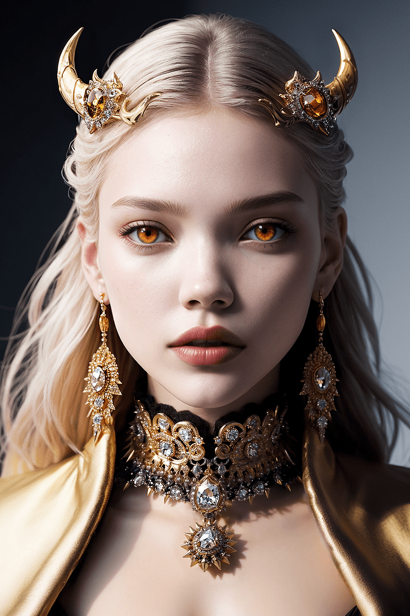 [tilt-shift photo of] the face of a woman dressed in demon attire, in the style of light gray and light gold, vibrant illustrations, intricately sculpted, realistic hyper-detailed portraits, white and amber, queencore, depicts real life.